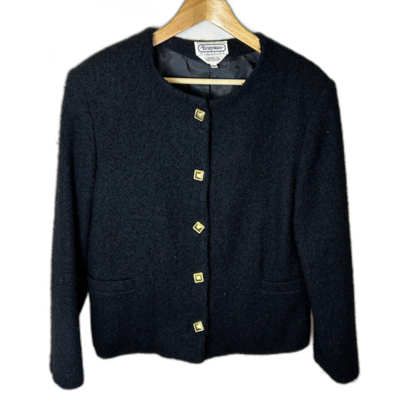 Vintage Bridgewater Black Wool Boucle Gold Buttoned LS Lady Jacket Size 12 - Picture 3 of 15